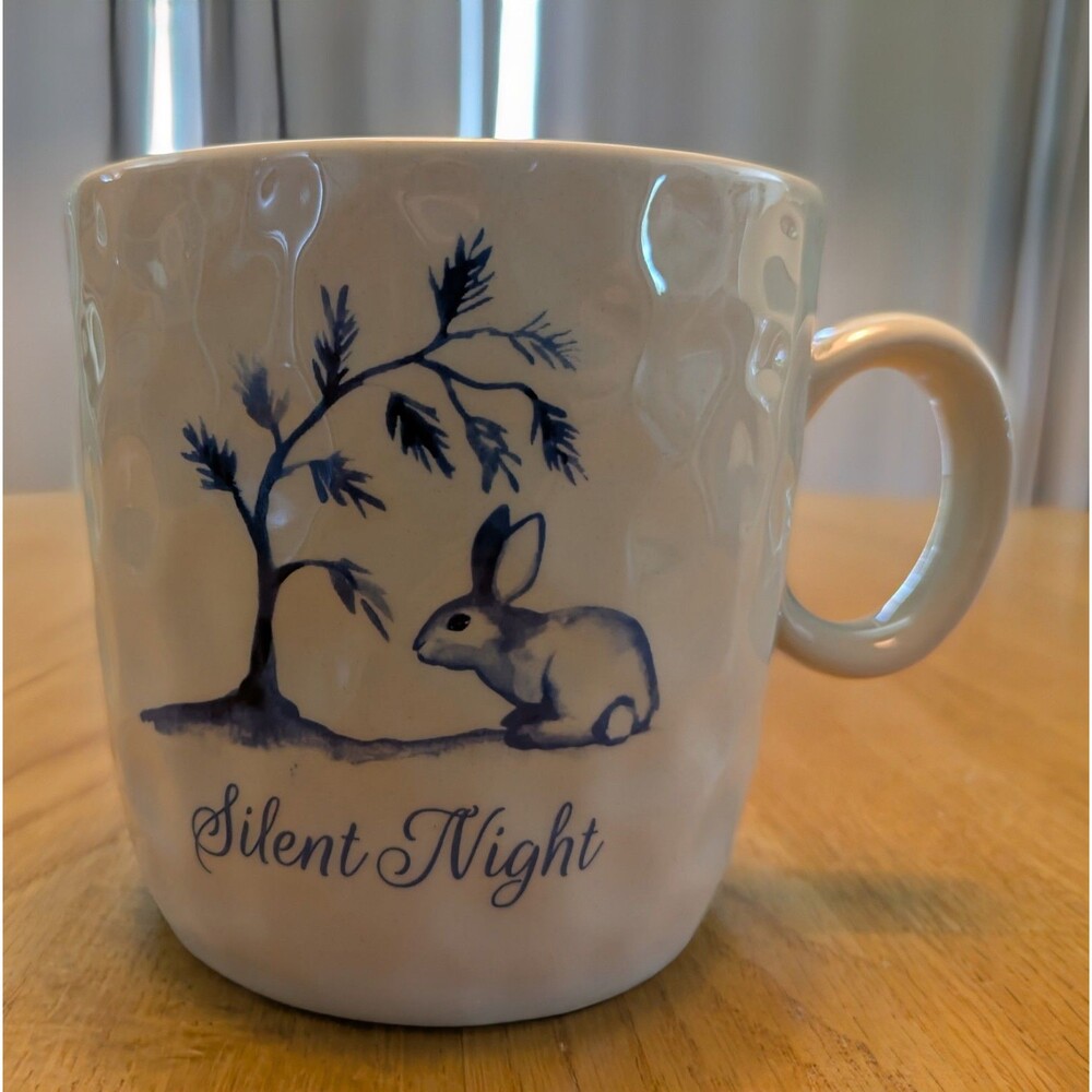 Silent Night Bunny Mug Creative Co-op Christmas Ivory & Blue Textured